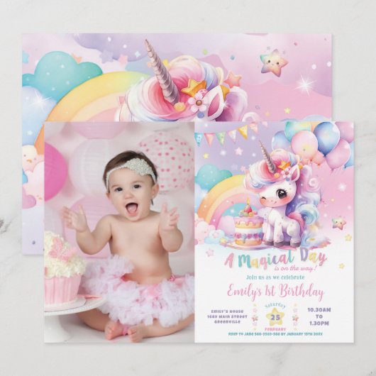 Whimsical Schattigee Rainbow Eenhoorn Verjaardag A Kaart (Voorkant / Achterkant)