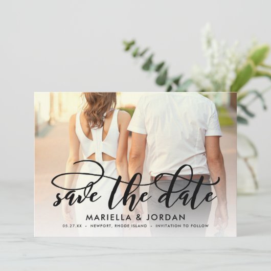 Whimsical Script Black Full Photo Save the Date Kaart (Staand voorkant)