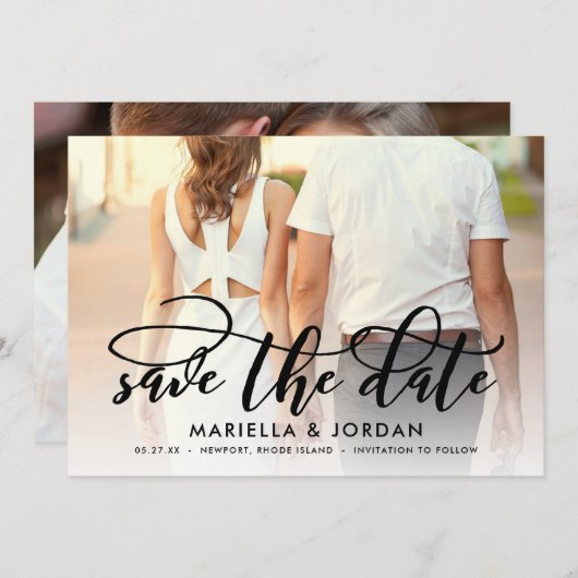 Whimsical Script Black Full Photo Save the Date Kaart (Voorkant / Achterkant)