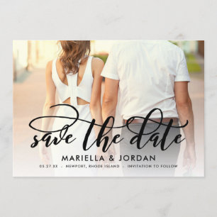 Whimsical Script Black Full Photo Save the Date Kaart