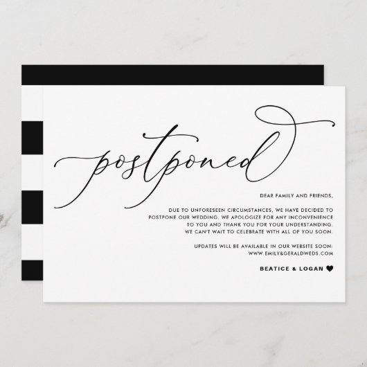 Whimsical Script Black Wedding Postponement Aankondiging (Voorkant / Achterkant)