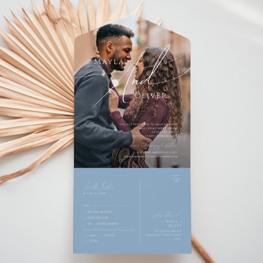 Whimsical Script | Blauw Casual fotozegel en verze All In One Uitnodiging