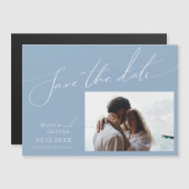 Whimsical Script | Blauw horizontaal sparen de dat Magnetische Uitnodiging (Voorkant / Achterkant)