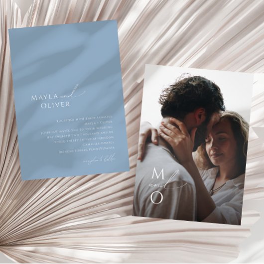 Whimsical Script | Blue Monogram Photo Weddenschap Kaart