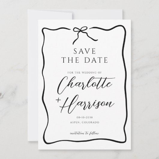 Whimsical Script Boog Lint Tekenbruiloft Save The Date (Voorkant)