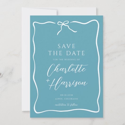 Whimsical Script Border Wedding Blauw Save The Date (Voorkant)