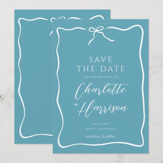 Whimsical Script Border Wedding Blauw Save The Date (Voorkant / Achterkant)