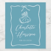 Whimsical Script Border Wedding Blauw Wijn Etiket (Enkel label)