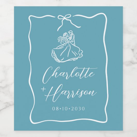 Whimsical Script Border Wedding Blauw Wijn Etiket (Enkel label)