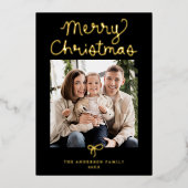 Whimsical Script Bow Black Christmas 2 Photo Folie Feestdagenkaart (Voorkant)