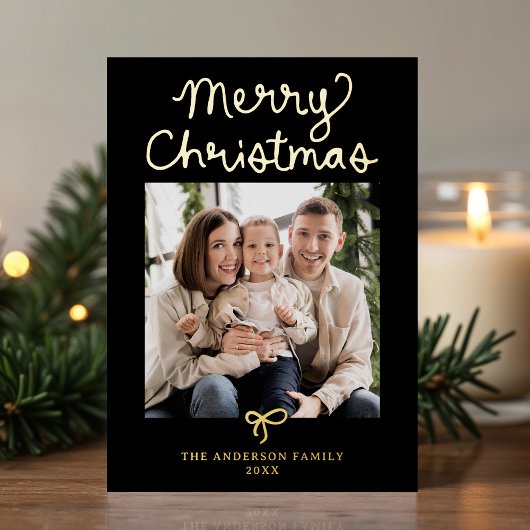 Whimsical Script Bow Black Christmas 2 Photo Folie Feestdagenkaart