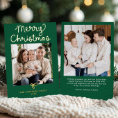 Whimsical Script Bow Green Christmas 2 Photo Folie Feestdagenkaart