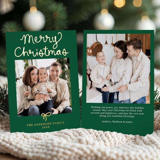Whimsical Script Bow Green Christmas 2 Photo Folie Feestdagenkaart