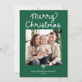 Whimsical Script Bow Green Christmas 5 Photo Feestdagenkaart (Voorkant)