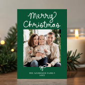 Whimsical Script Bow Green Christmas 5 Photo Feestdagenkaart
