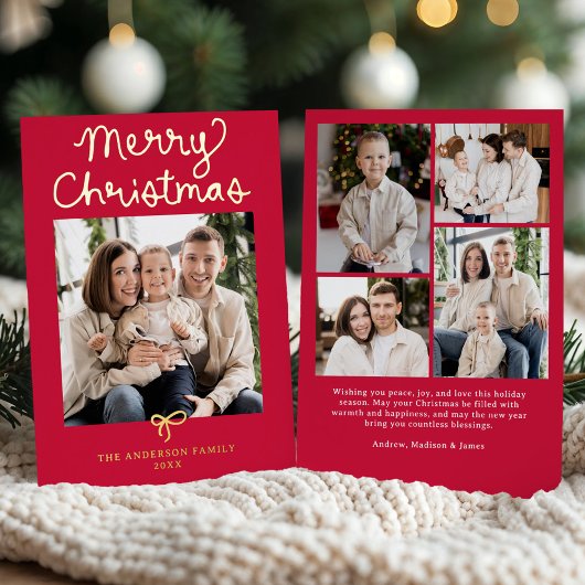 Whimsical Script Bow Red Christmas 5 Photo Folie Feestdagenkaart