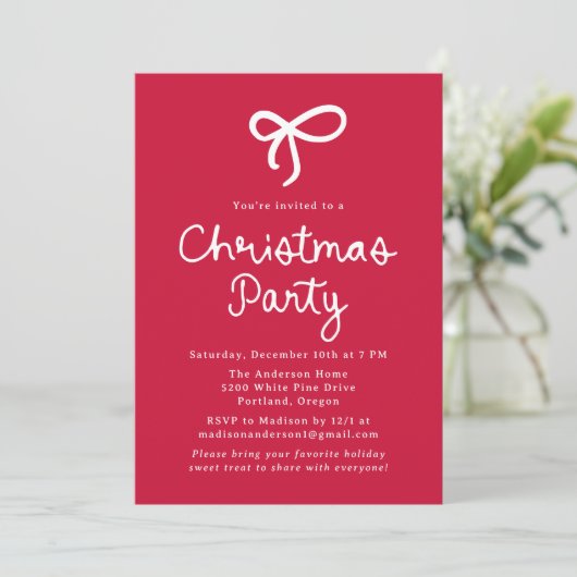 Whimsical Script Bow Red Christmas Party Kaart (Staand voorkant)