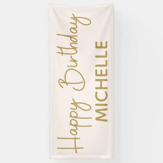 Whimsical Script Cream White Gold Happy Birthday Spandoek (Verticaal)