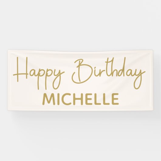 Whimsical Script Cream White Gold Happy Birthday Spandoek (Horizontaal)