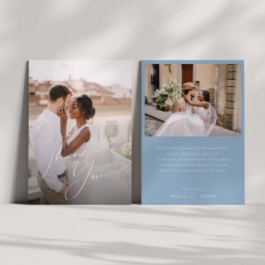 Whimsical Script | Dusty Blue Flat-foto Bedankkaart