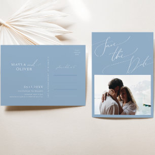 Whimsical Script   Dusty Blue Photo Save the Date Uitnodiging Briefkaart