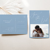 Whimsical Script | Dusty Blue Photo Save the Date Uitnodiging Briefkaart