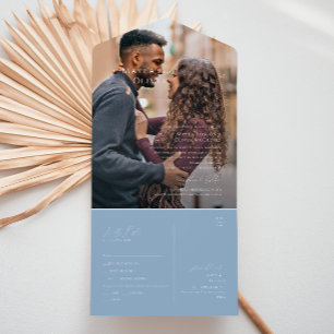 Whimsical Script Dusty Blue Photo Seal and Send All In One Uitnodiging