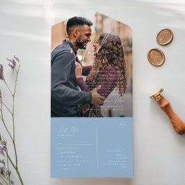 Whimsical Script | Dusty Blue Photo Seal and Send All In One Uitnodiging