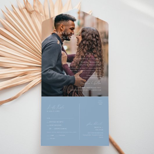 Whimsical Script | Dusty Blue Photo Seal and Send All In One Uitnodiging