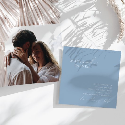 Whimsical Script | Dusty Blue Photo Square Weddens Kaart