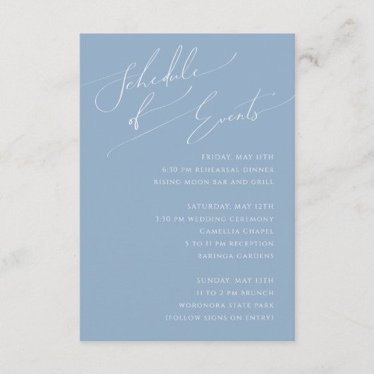 Whimsical Script | Dusty Blue Schedule of Events Informatiekaartje (Voorkant)