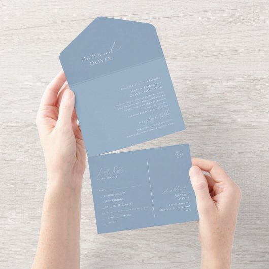 Whimsical Script | Dusty Blue Seal and Send All In One Uitnodiging (Afscheurbaar)