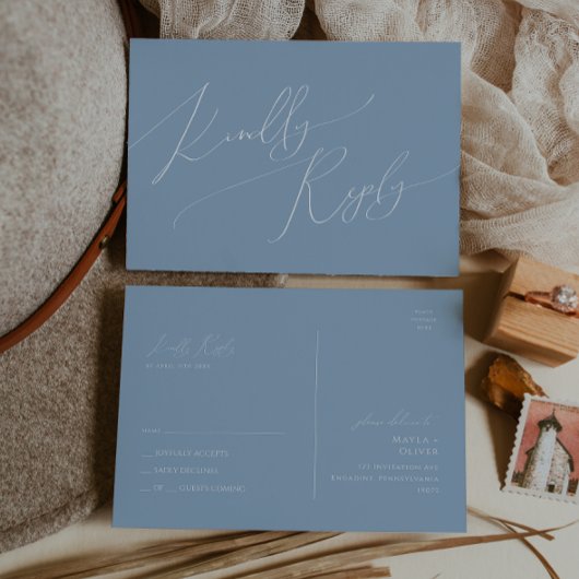 Whimsical Script | Dusty Blue Wedding RSVP Briefkaart
