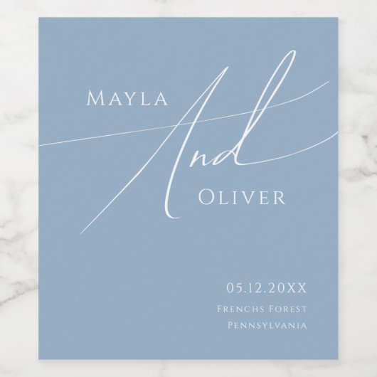 Whimsical Script | Dusty Blue Wedding Wijn Etiket (Enkel label)
