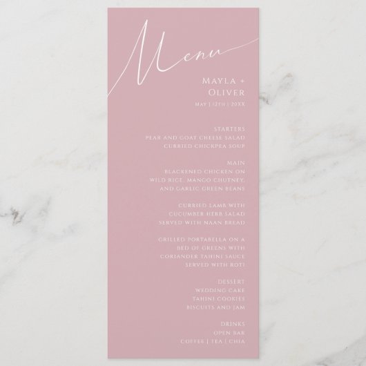 Whimsical Script | Dusty Roos Weddenschap Menu (Voorkant)