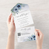 Whimsical Script Floral Dusty Blue QR Code Bruilof All In One Uitnodiging (Afscheurbaar)