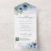 Whimsical Script Floral Dusty Blue QR Code Bruilof All In One Uitnodiging (Binnen)