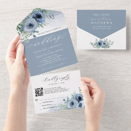 Whimsical Script Floral Dusty Blue QR Code Bruilof All In One Uitnodiging