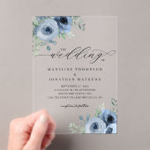 Whimsical Script Floral Dusty Blue Wedding Acryl Uitnodigingen (Insitu (Draagbaar))