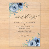 Whimsical Script Floral Dusty Blue Wedding Acryl Uitnodigingen (Voorkant)