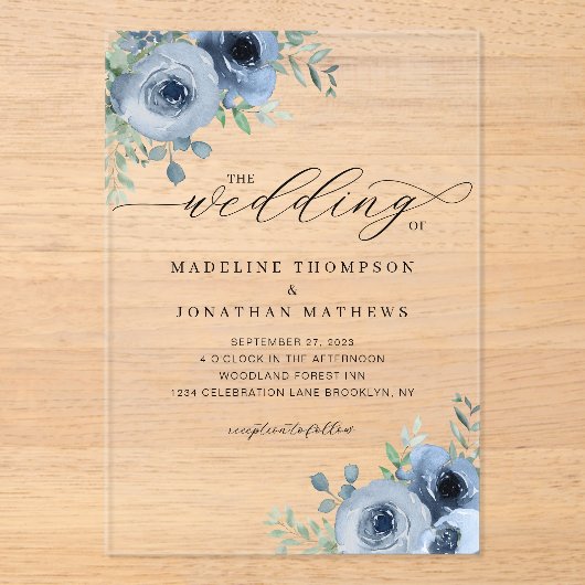 Whimsical Script Floral Dusty Blue Wedding Acryl Uitnodigingen (Voorkant)