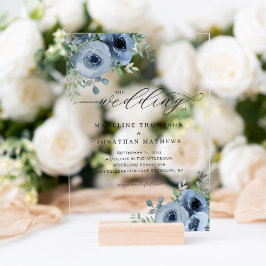Whimsical Script Floral Dusty Blue Wedding Acryl Uitnodigingen