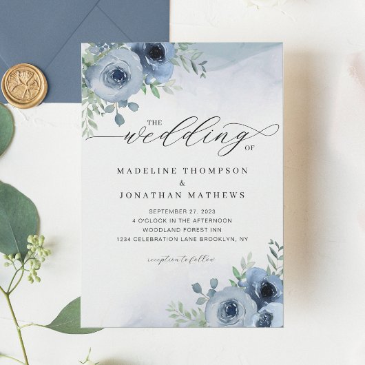 Whimsical Script Floral Dusty Blue Wedding Kaart