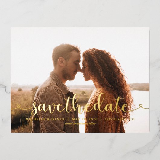 Whimsical Script Foto Huwelijk Save the Date  Folie Uitnodiging Briefkaart (Voorkant)