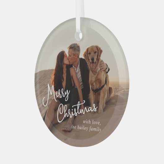 Whimsical Script Foto Moderne Kerstmis Glas Ornament (Voorkant links)