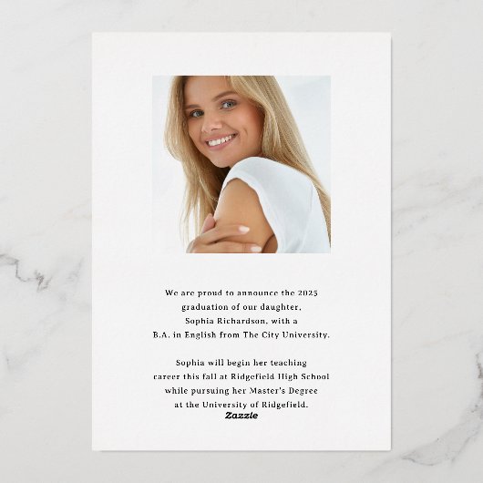 Whimsical Script Gold Foil Afstuderen aangekondigd Folie Uitnodiging (Achterkant)