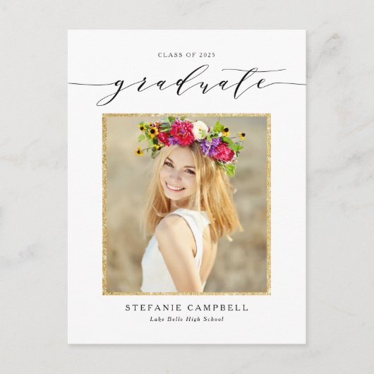Whimsical Script Gold Glitter Foto Afstuderen Aankondigingskaart (Voorkant)