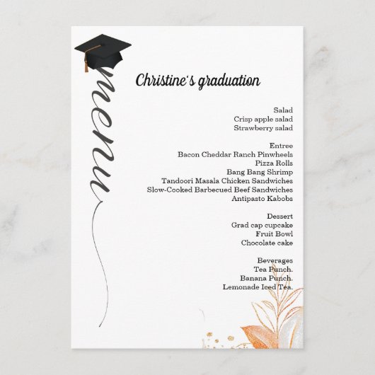 Whimsical script Graduation party diner menu (Voorkant)