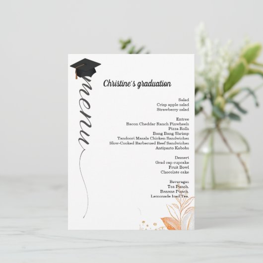 Whimsical script Graduation party diner menu (Staand voorkant)