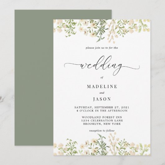 Whimsical Script Greenery Floral Wedding Kaart (Voorkant / Achterkant)